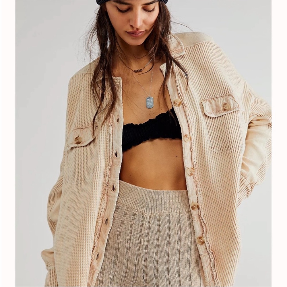 Free people Beige Button-Up Waffle Knit Top